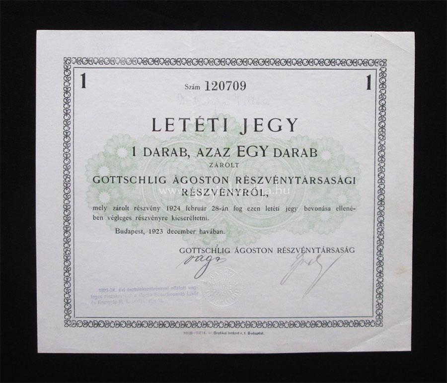 Gottschlig Ágoston Részvénytársaság 1x részvény letéti jegy 1923